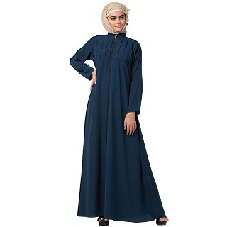 Front open zipper abaya with pintucks- Firozi